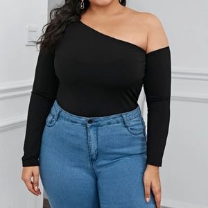 SHEIN Plus Asymmetrical Neck One Shoulder Long Sleeve Black Top Size 18 3XL